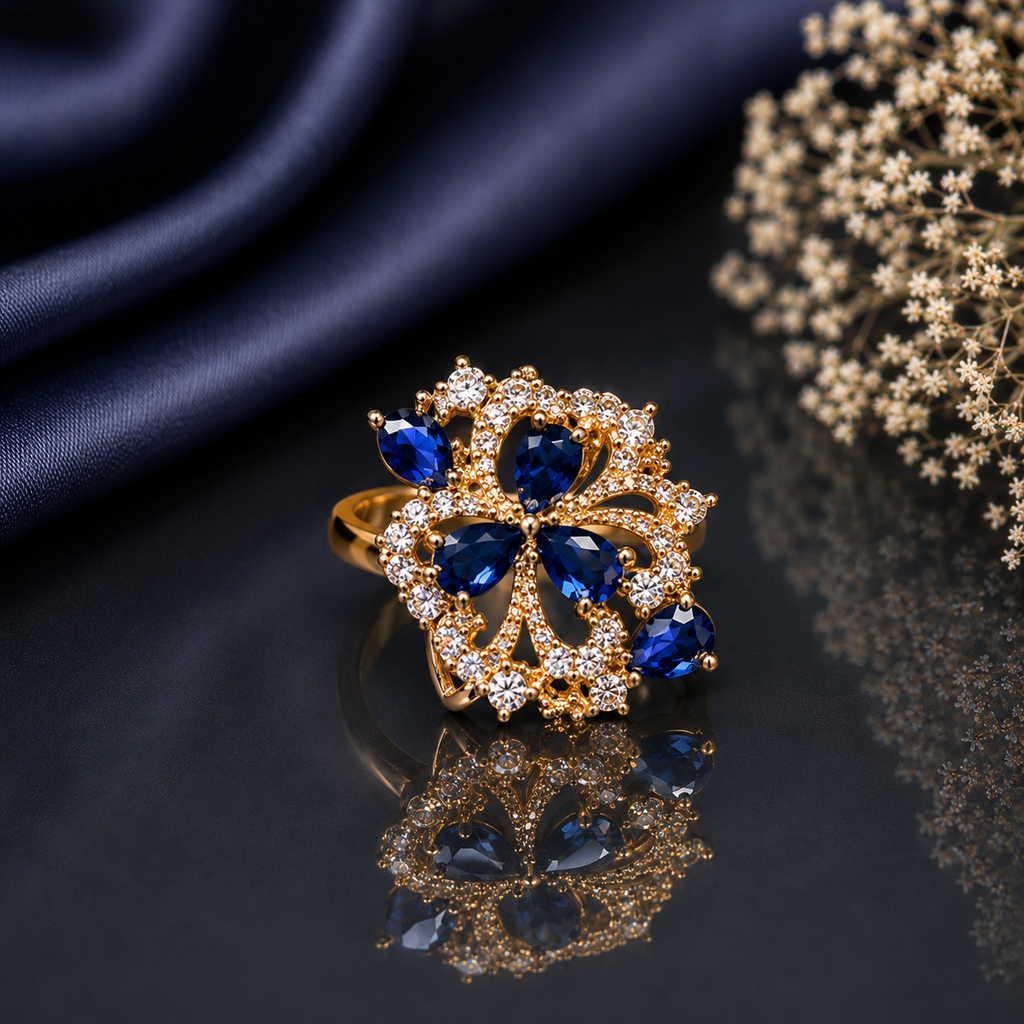 Royal blue and pink floral crystal statement ring with sparkling stones and elegant gold-tone finish