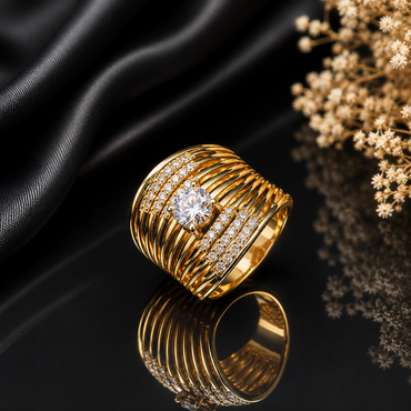 Elegant gold-tone multi-strand CZ statement ring with brilliant center stone and sparkling pavé detailing