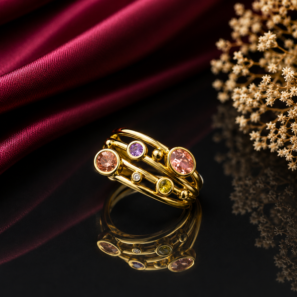Elegant gold-tone multicolor gemstone statement ring with pink purple peach and yellow round stones