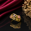 Elegant gold-tone multicolor gemstone statement ring with pink purple peach and yellow round stones