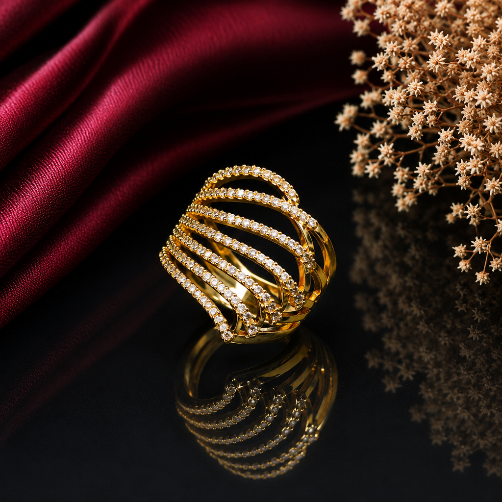 Elegant gold-tone multi-row CZ statement ring with curved sparkling stone rows and layered band design