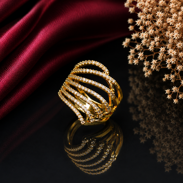 Elegant gold-tone multi-row CZ statement ring with curved sparkling stone rows and layered band design