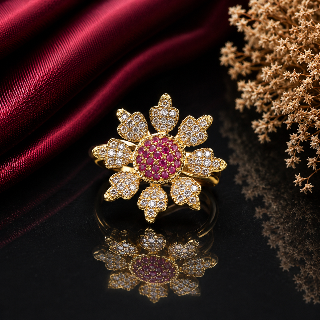 Ruby floral gold-plated crystal statement ring for women – destiny.pk