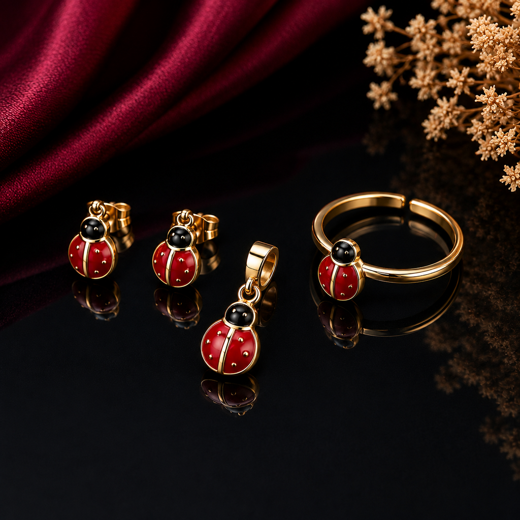 Gold-Tone Ladybug Jewelry Set