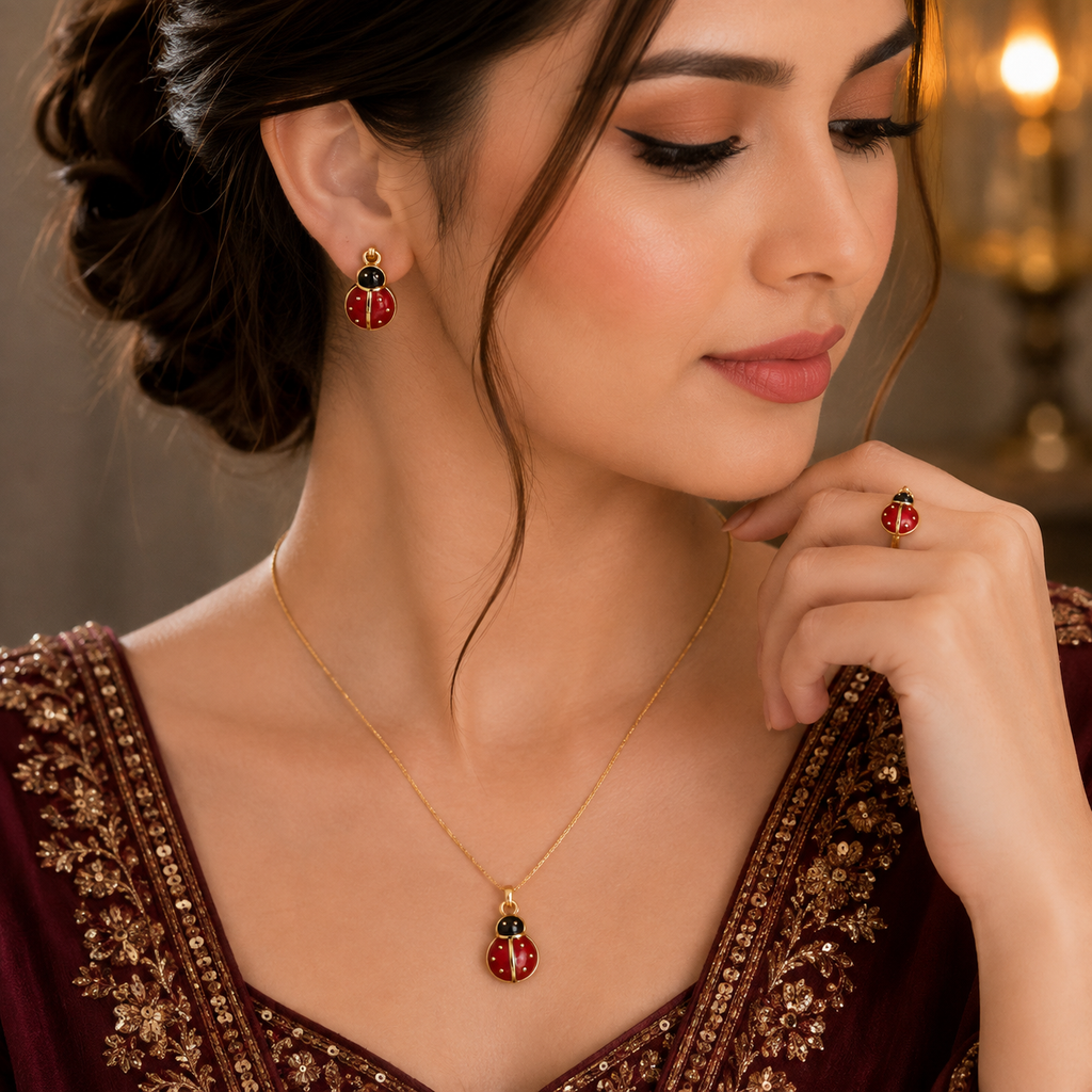 Gold-tone ladybug jewelry set with red and black earrings, pendant and bracelet