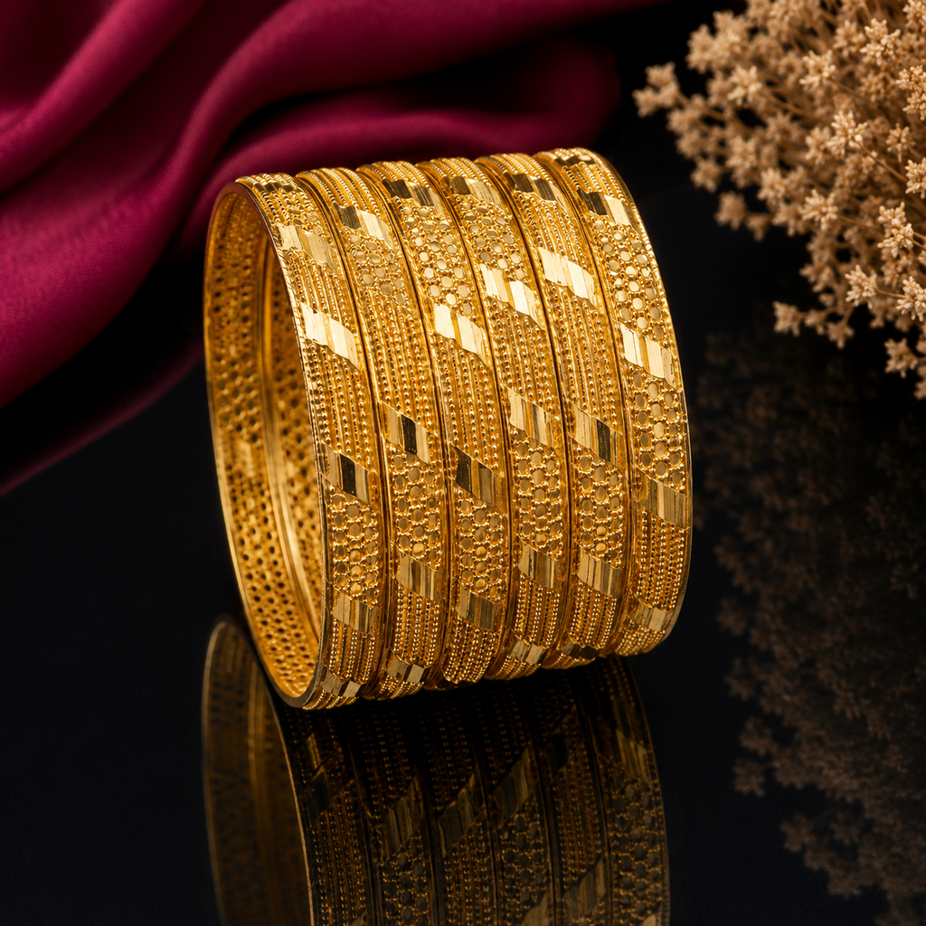 Elegant gold-plated traditional bangle set with intricate textured and geometric detailing