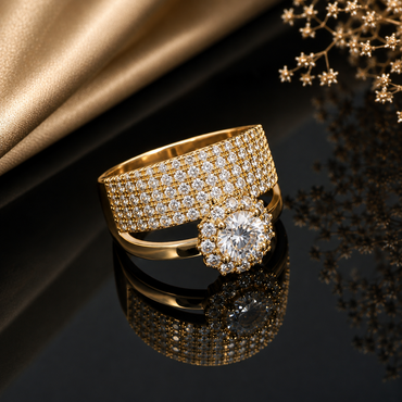 Elegant gold-tone floral CZ statement ring with brilliant round center stone and sparkling pavé detailing