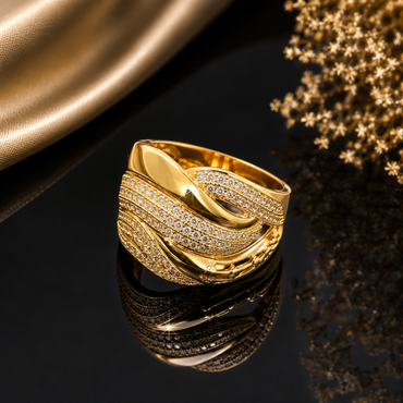 Elegant gold-tone CZ statement ring with layered design and brilliant stone detailing