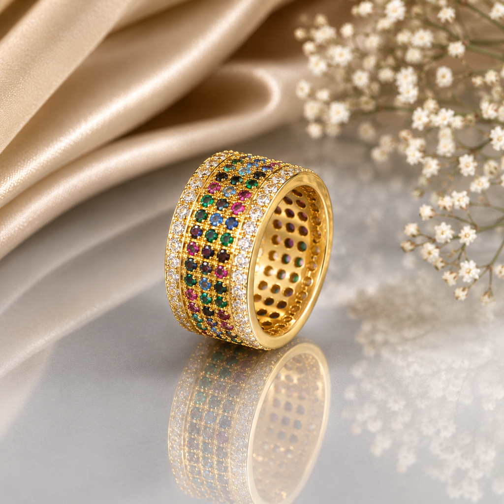 Elegant multicolor CZ wide band statement ring with colorful stones and sparkling gold-tone detailing