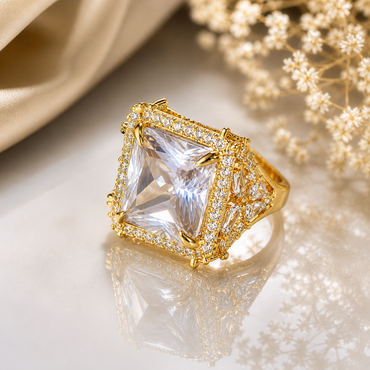 Elegant square-cut CZ crystal statement ring with brilliant center stone and sparkling gold-tone detailing