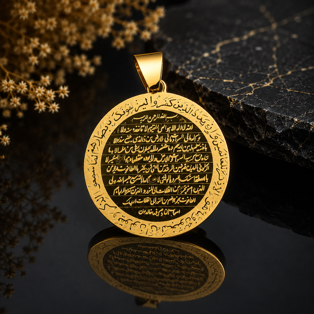 Golden Ayat-ul-Kursi Islamic calligraphy pendant with detailed Arabic script and round medallion design