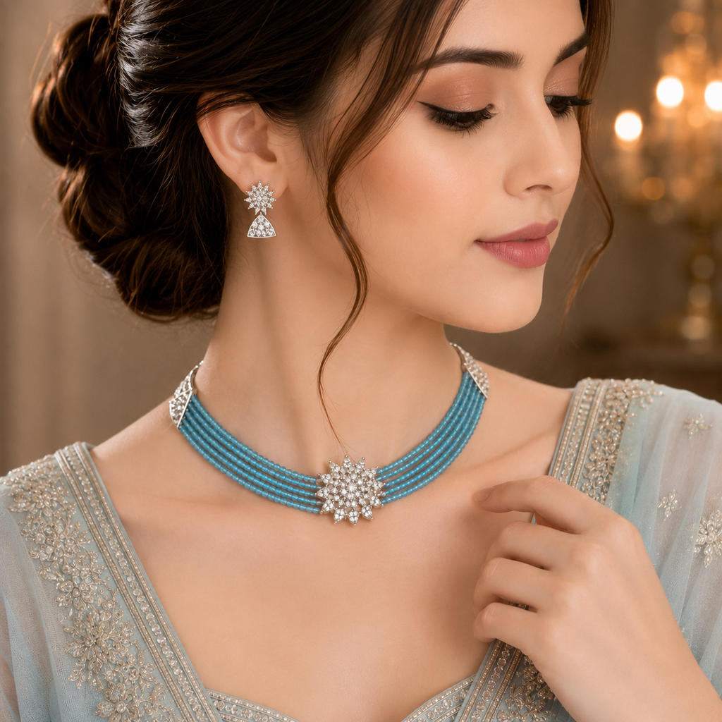 Elegant silver-tone pearl and crystal bridal necklace set with matching earrings and floral centerpiece