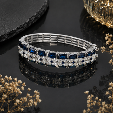 Elegant silver-tone blue AD crystal bracelet with sparkling floral detailing