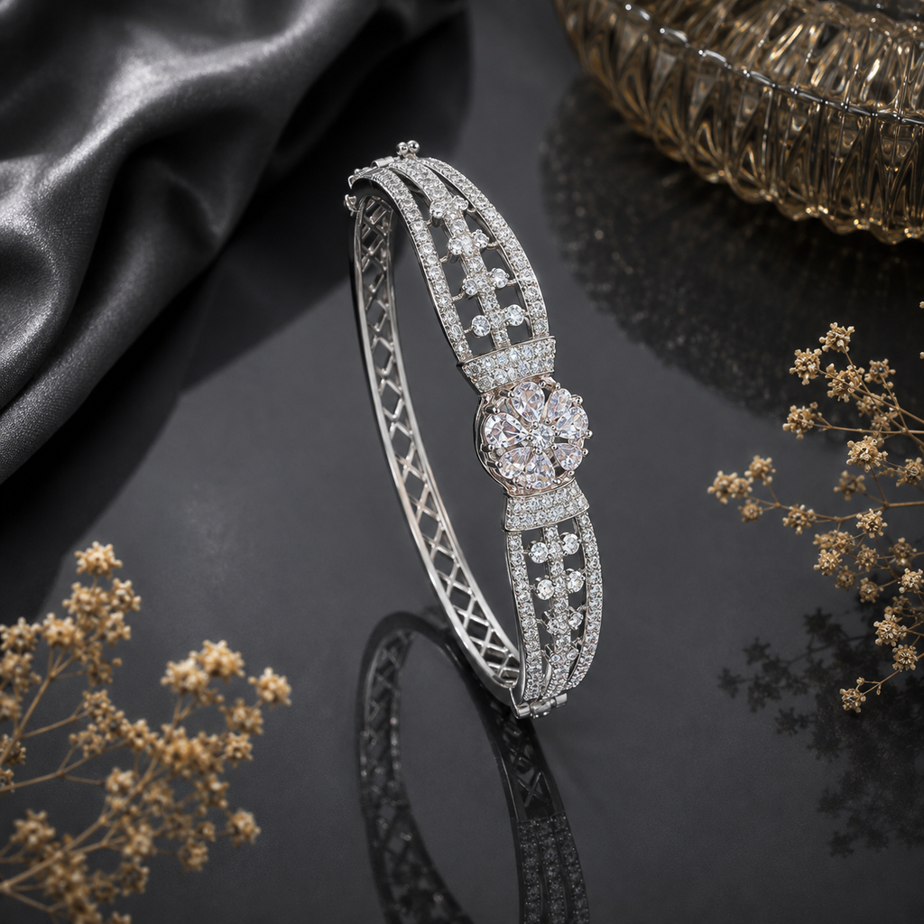 Elegant silver-tone CZ floral crystal bracelet with sparkling stones and intricate openwork detailing