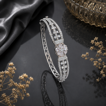 Elegant silver-tone CZ floral crystal bracelet with sparkling stones and intricate openwork detailing