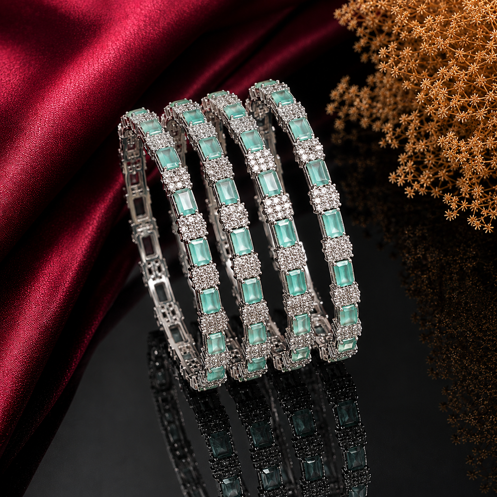 Mint green American Diamond tennis bangle set with rectangular stones and sparkling crystal detailing