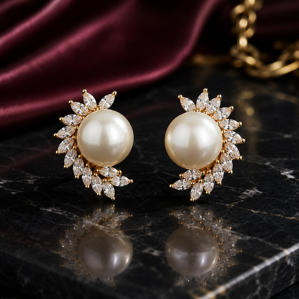 Pearl Floral Crystal Stud Earrings