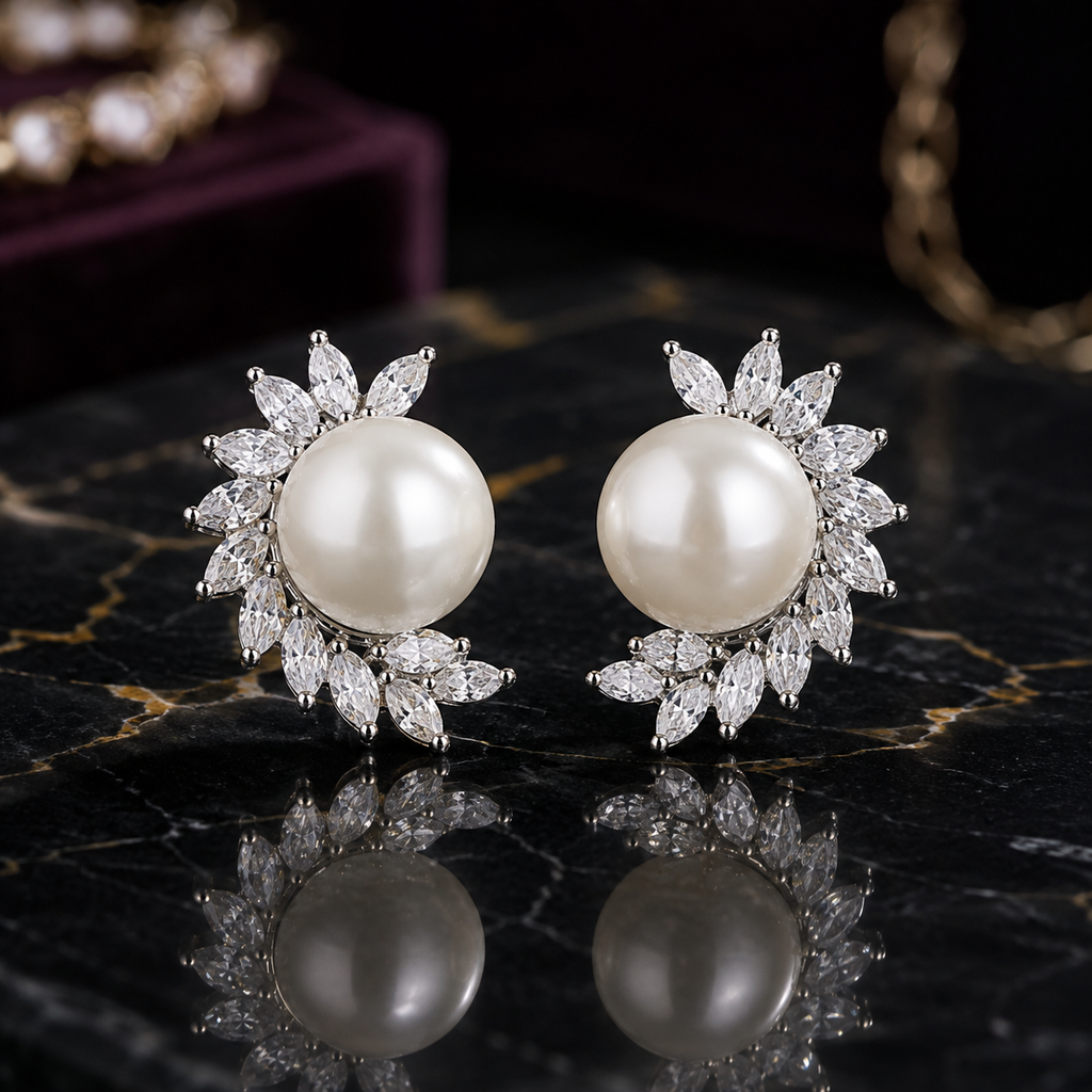 Pearl Floral Crystal Stud Earrings