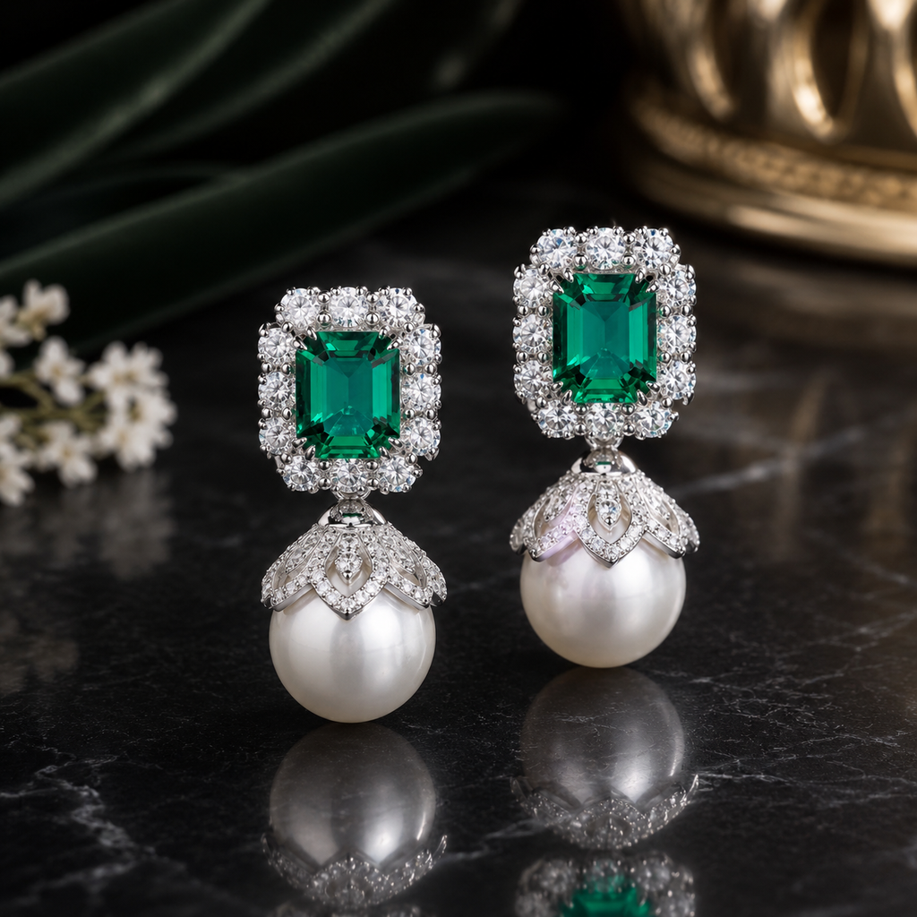 Emerald Crystal Pearl Drop Earrings