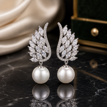Crystal Leaf Pearl Drop Earrings