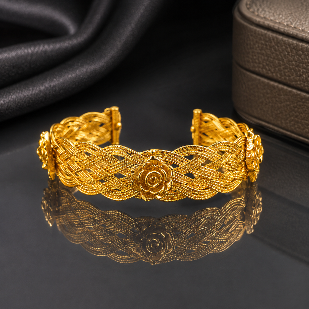 Elegant Golden Floral Cuff Bangle