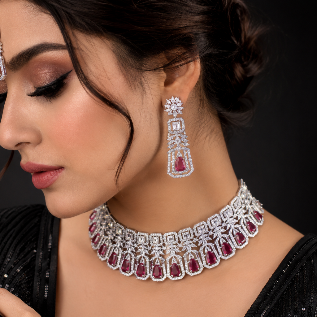 Ruby & Geometric Zircon Bridal Set