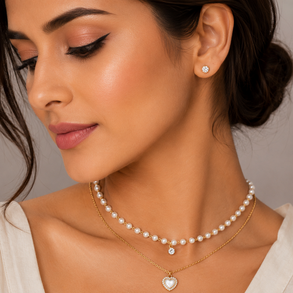 Layered Pearl & Heart Pendant Necklace