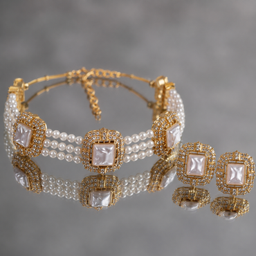 Pearl Choker & Square Stud Set