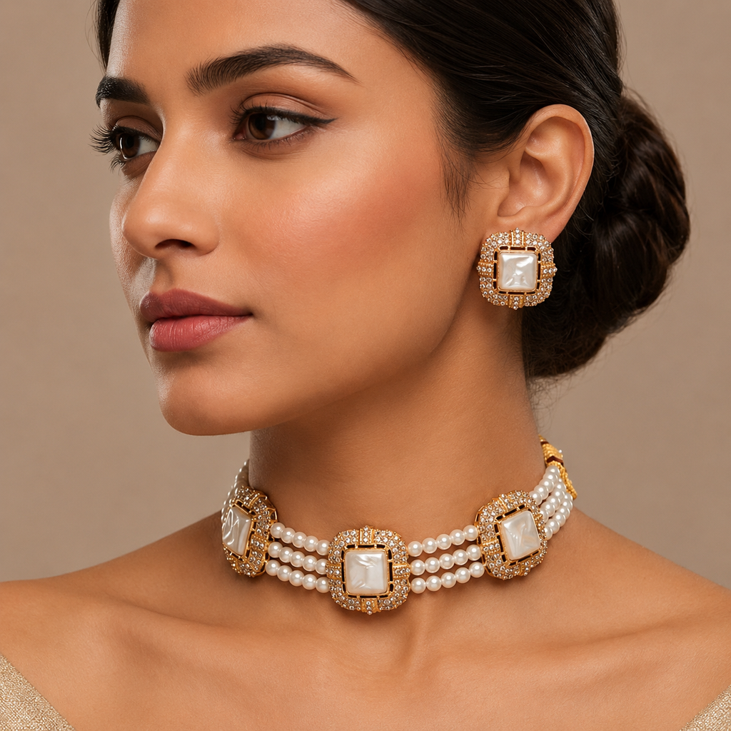 Pearl Choker & Square Stud Set