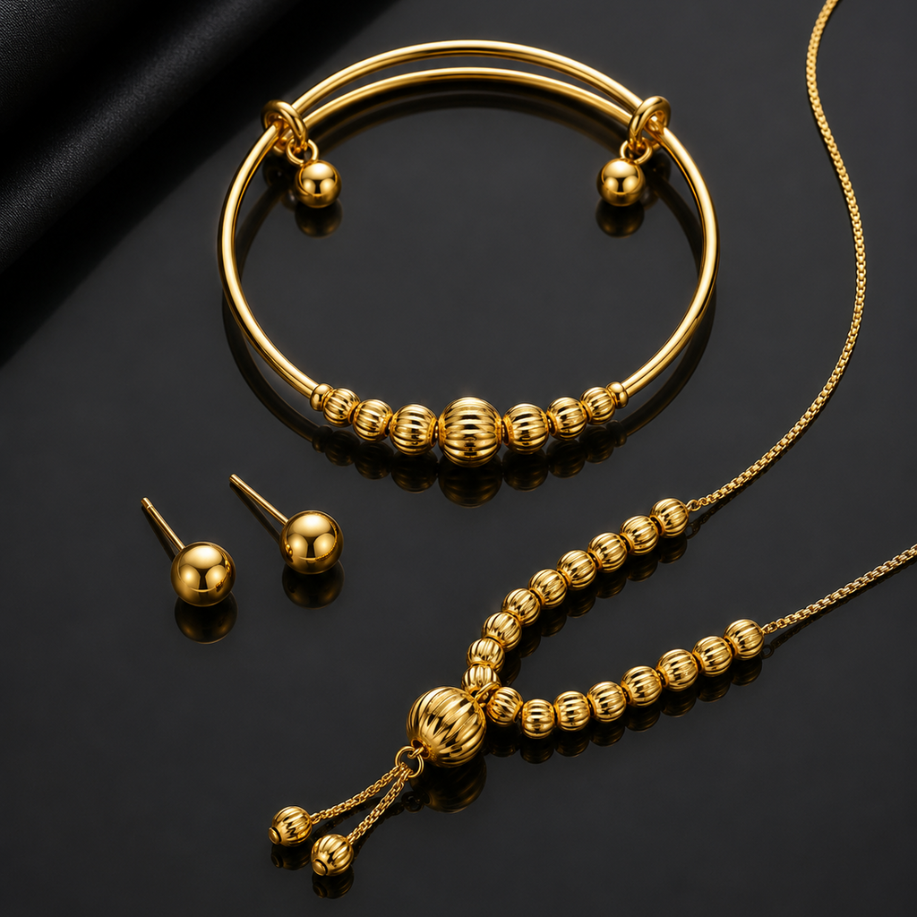 Gold Fluted Bead Jewelry Set
