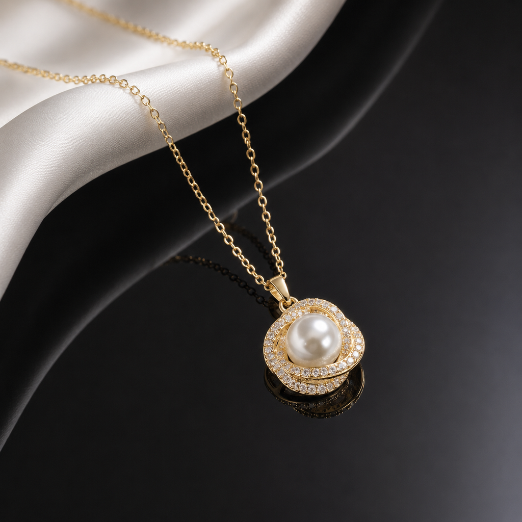 Pearl Swirl Halo Pendant Necklace – Gold Tone