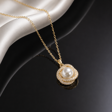 Pearl Swirl Halo Pendant Necklace – Gold Tone