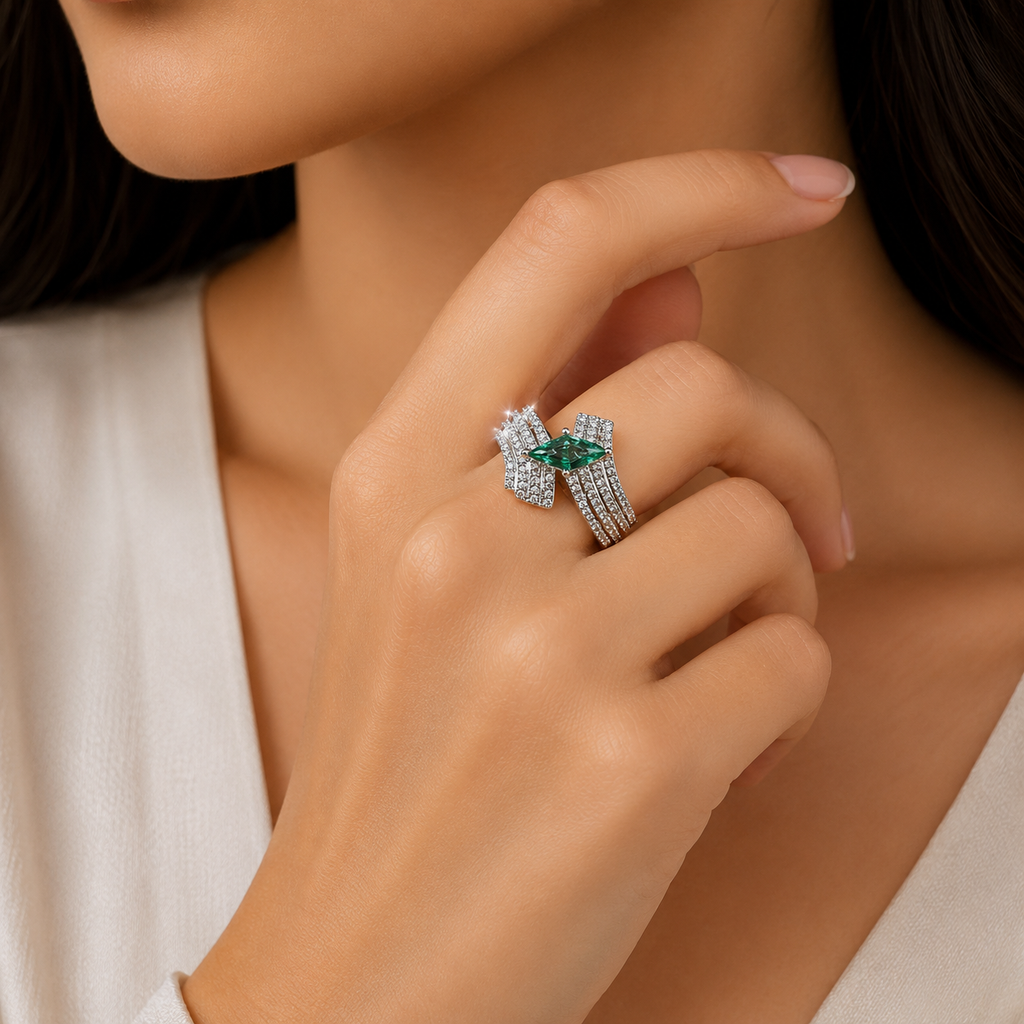 Emerald Wing Pave Ring – Silver Tone Adjustable