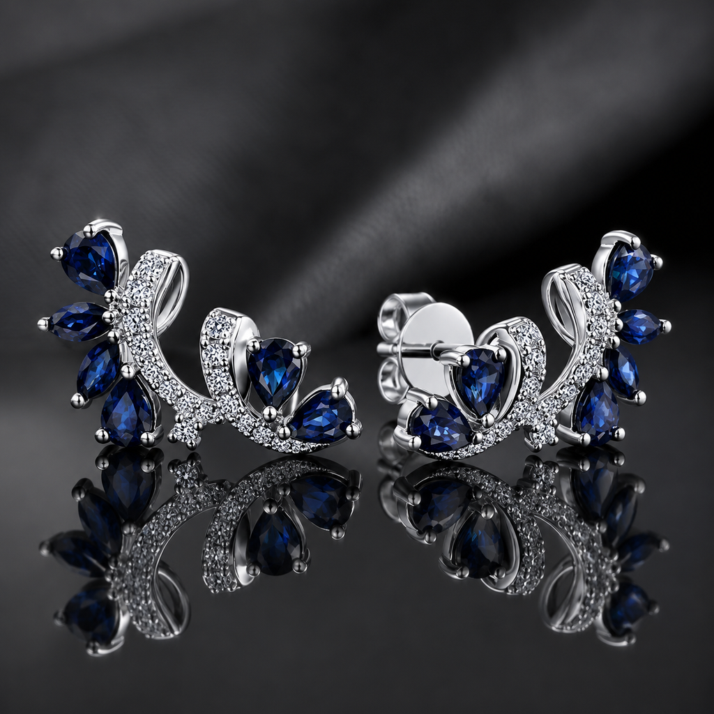 Sapphire Vine Ear Climber Earrings – Silver Tone