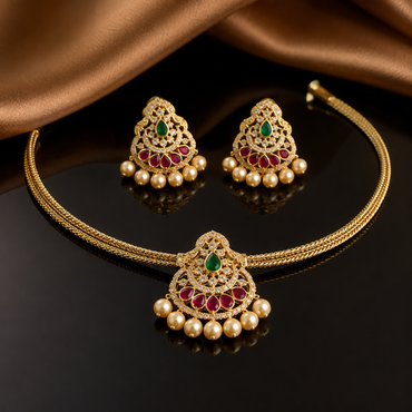 Antique Gold Chand Bali Necklace Set – Ruby & Emerald