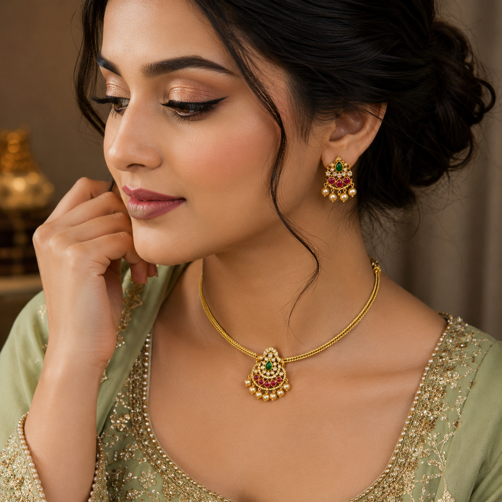 Antique Gold Chand Bali Necklace Set – Ruby & Emerald