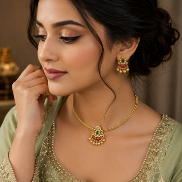 Antique Gold Chand Bali Necklace Set – Ruby & Emerald