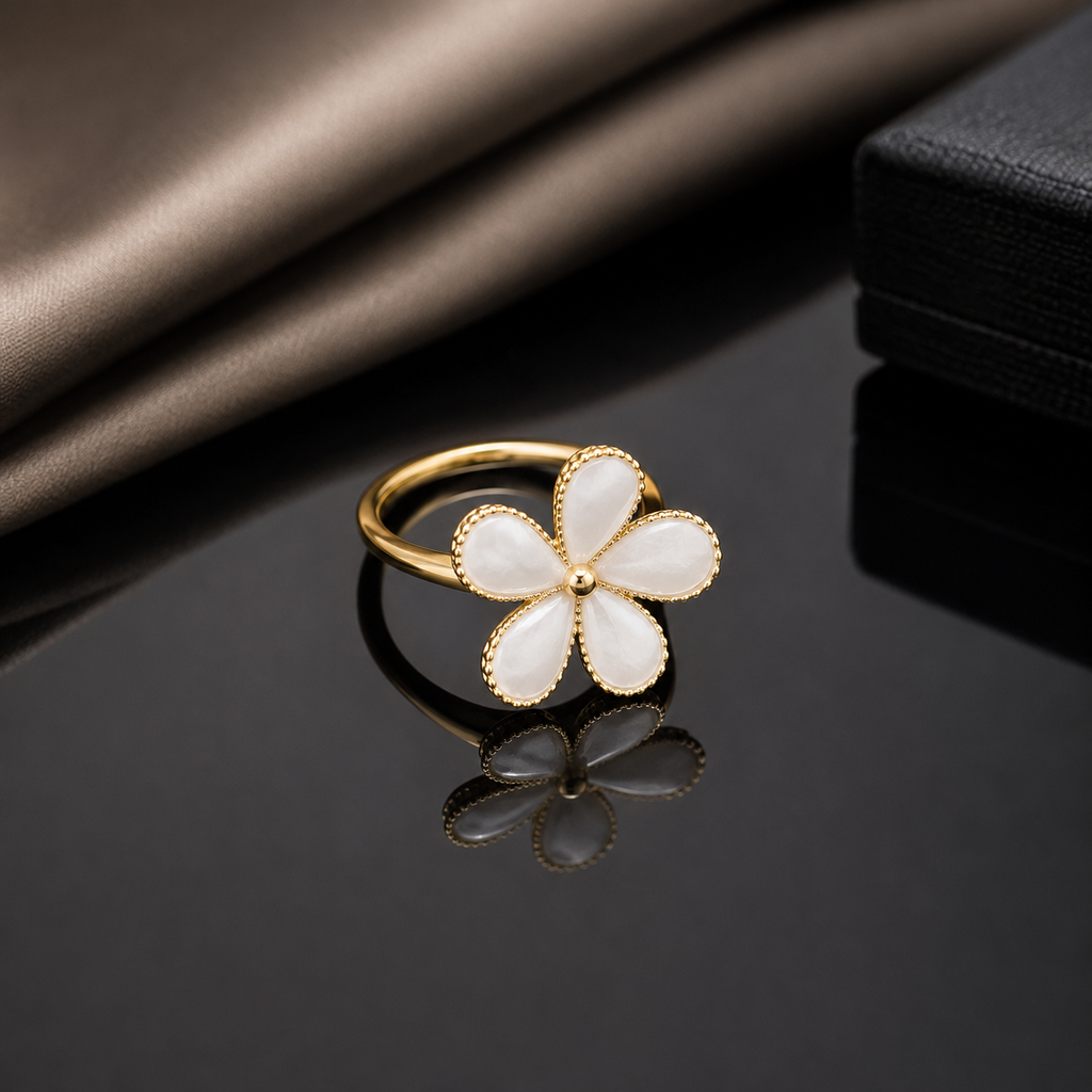Enamel Flower Pearl Ring – Gold Tone Adjustable