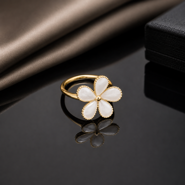 Enamel Flower Pearl Ring – Gold Tone Adjustable