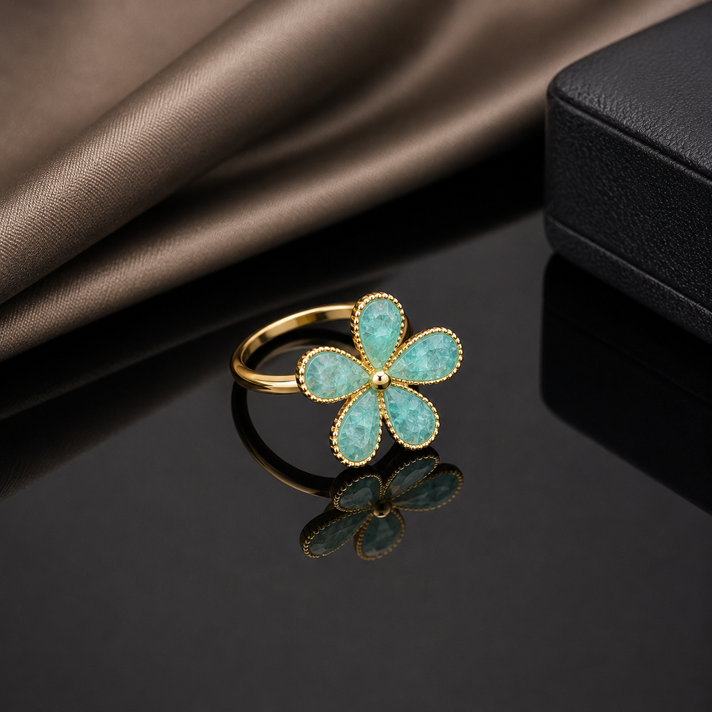 Enamel Flower Pearl Ring – Gold Tone Adjustable