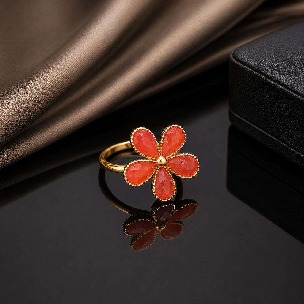 Enamel Flower Pearl Ring – Gold Tone Adjustable