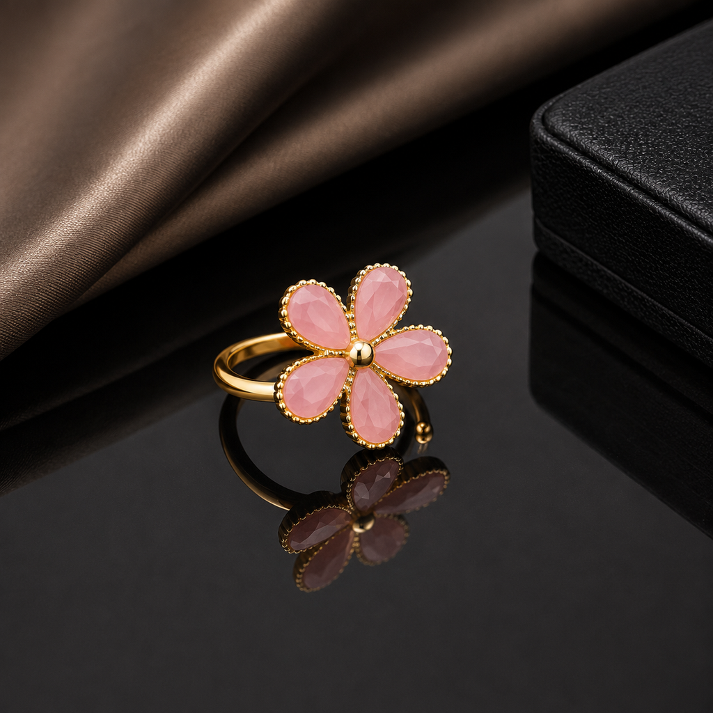 Enamel Flower Pearl Ring – Gold Tone Adjustable
