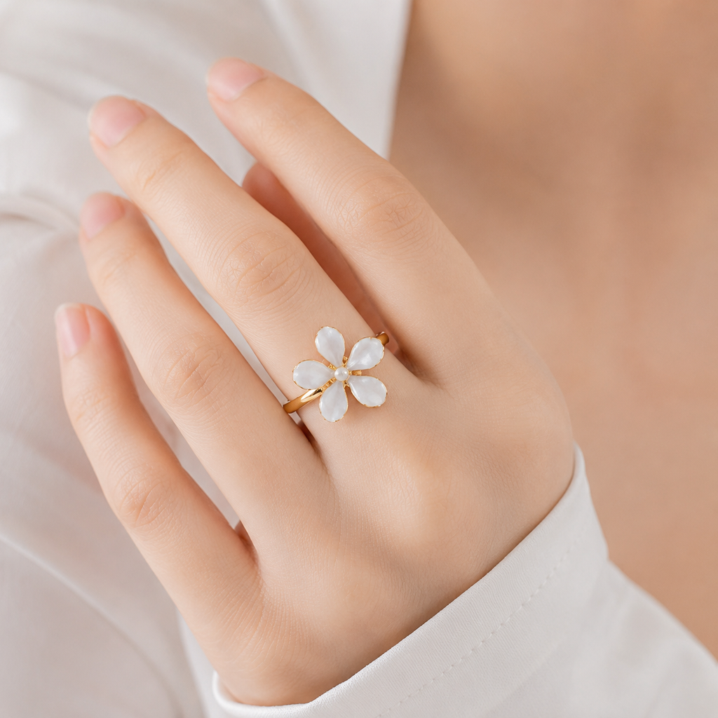 Enamel Flower Pearl Ring – Gold Tone Adjustable