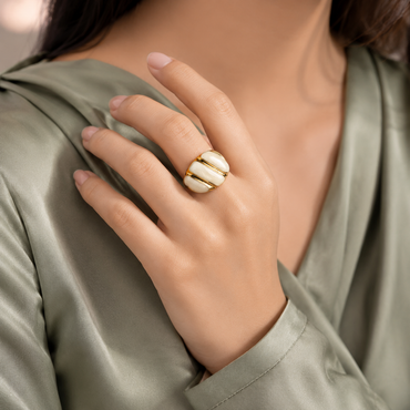 Ivory Enamel Wave Dome Ring – Gold Tone Adjustable