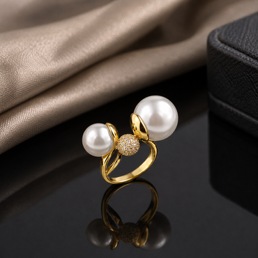 Double Pearl Crystal Ball Ring – Gold Tone Adjustable