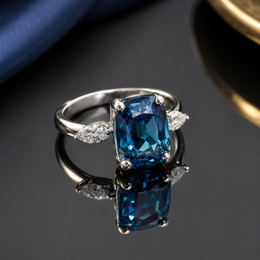 Blue Cushion-Cut Statement Ring with Marquise Accents