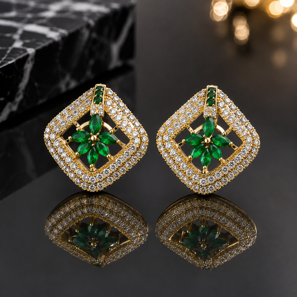 Emerald Floral Stud Earrings – Rs. 650