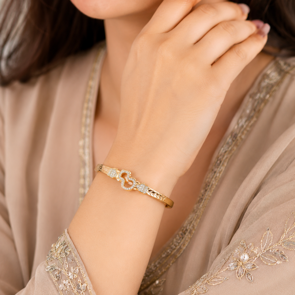 Gold Heart Clasp CZ Bangle Bracelet