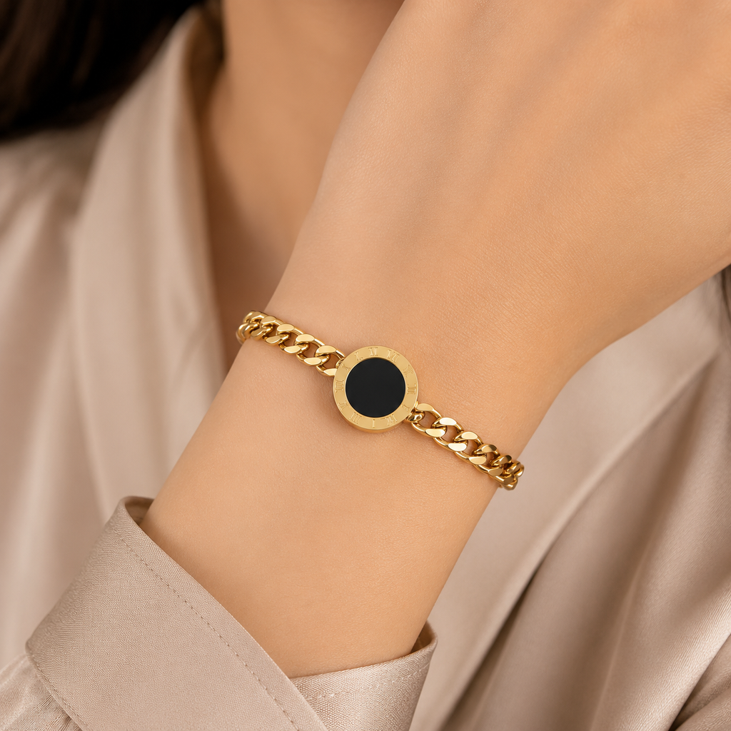 Gold Curb Chain Bracelet with Black Medallion Charm