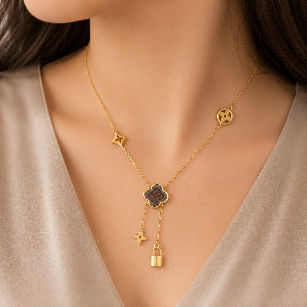 Gold Clover & Star Charm Necklace with Padlock Dangle